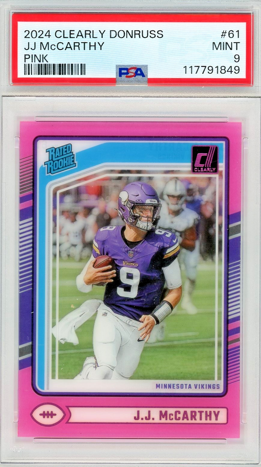2024 Panini Clearly Donruss - Rated Rookie J.J. McCarthy #61 Pink (RC) PSA 9