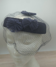 Vintage Navy Blue Satin And Mesh Fascinator Hat 1940's Era