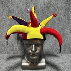 Vtg Multi Color Block AOP Jester Hat Cosplay Reenactment Renaissance Cap w Bells
