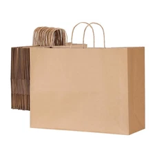 50 Pack Kraft Paper Bags with Handles 16x6x12in Reusable Recyclable Gift Bags