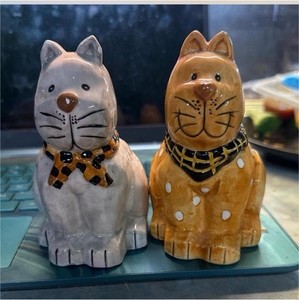 Cat Ceramic Salt & Pepper Shakers Pair Gray and Orange Collectible Set