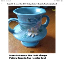 Roseville Art Pottery 1940's Blue Cosmos 2 Handle Vase 134-4. Beautiful conditio