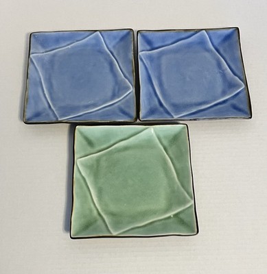Pier 1 Sushi Plates Porcelain Square Crackle 6.5  2 Blue 1 Green Set of 3