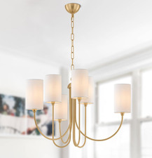 Brass Gold 6-Light Chandelier with White Fabric Shades, 29" Modern Dining Fixtur