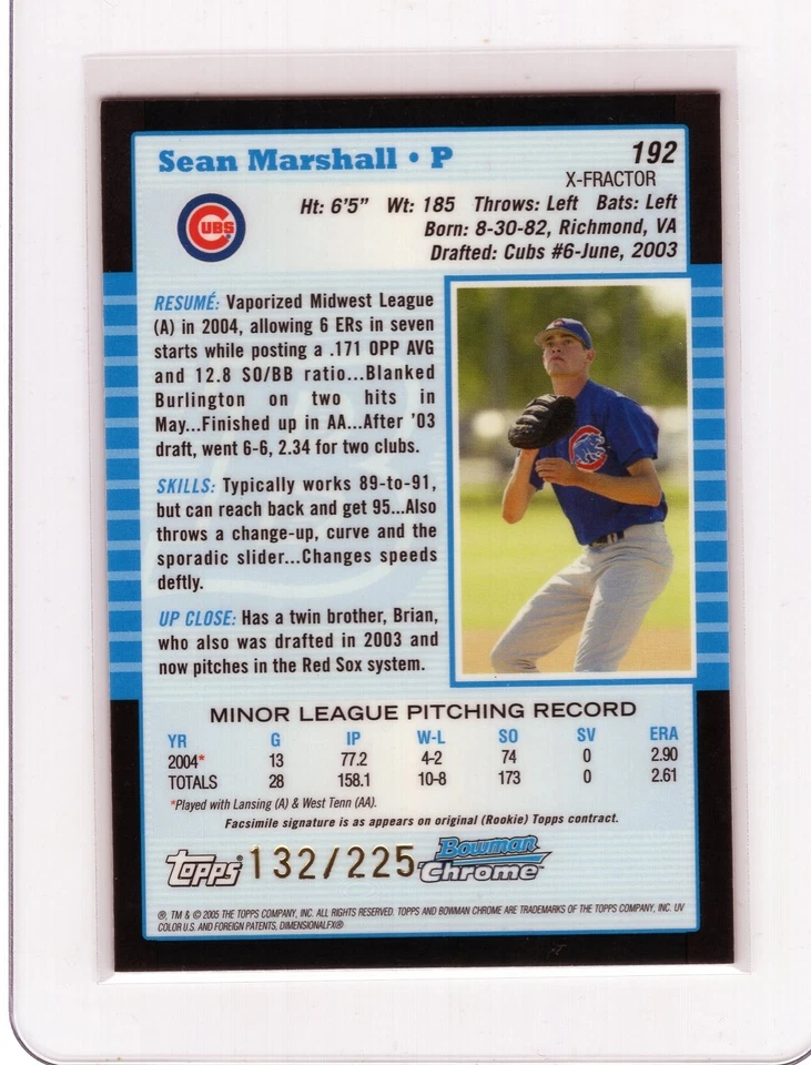 2005 Bowman Chrome First Year X-Fractor /225 Sean Marshall #192 Rookie RC - Image 2 of 2