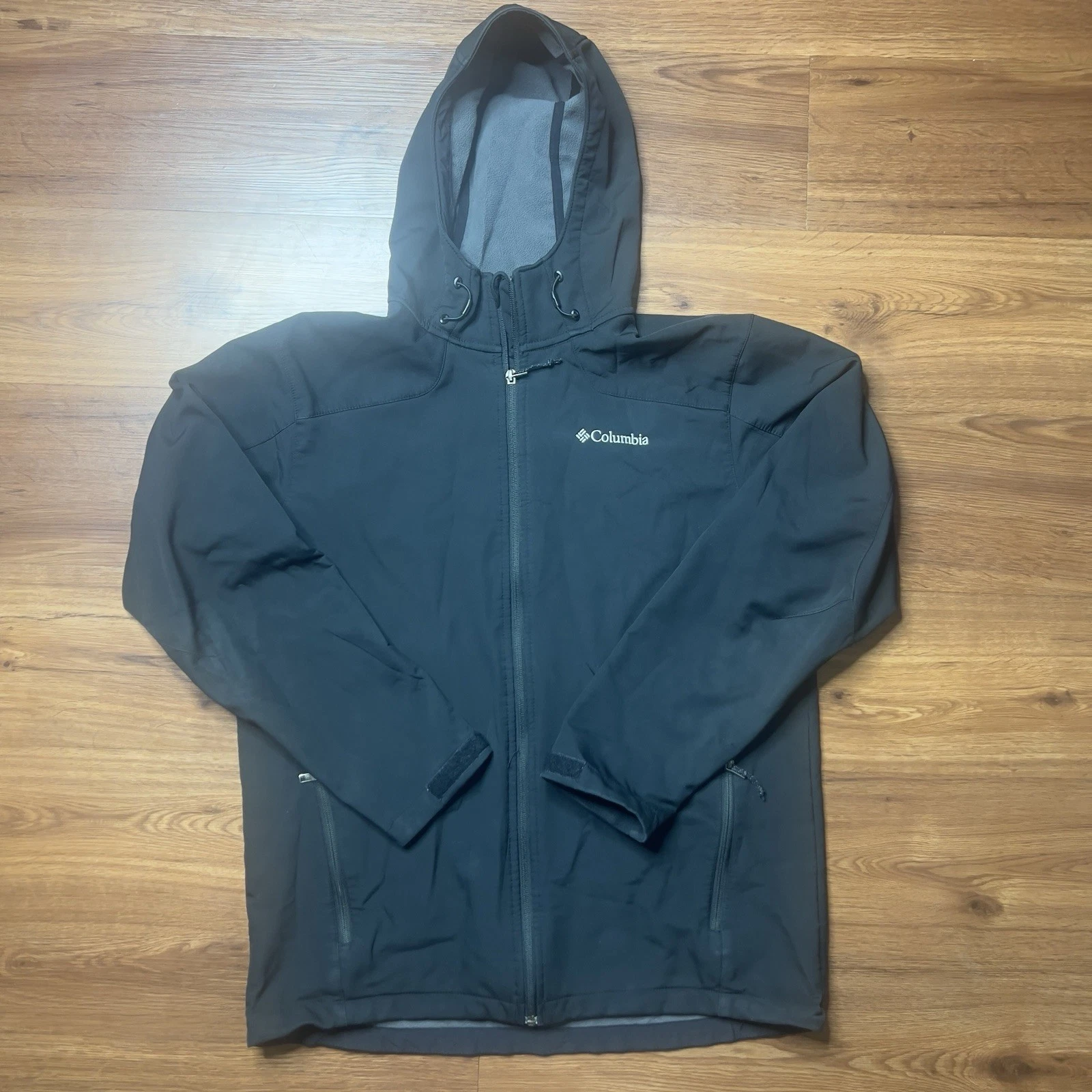 Columbia Softshell Jacket Mens Large Black Hooded Full Zip Water Resistant