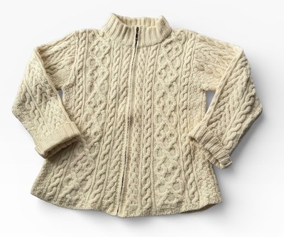 Inis Crafts Cable Knit Zip Cardigan Sweater S Merino 100% Wool Fisherman Ivory
