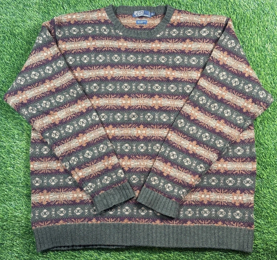 Suéter de punto de lana vintage Polo Ralph Lauren Fair Isle Lambs para hombre talla 2XL alto Foto 2 de 4