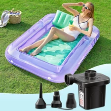 70x46 Purple Green Inflatable Tanning Pool Float w Pillow Pump & Holders Set Kit