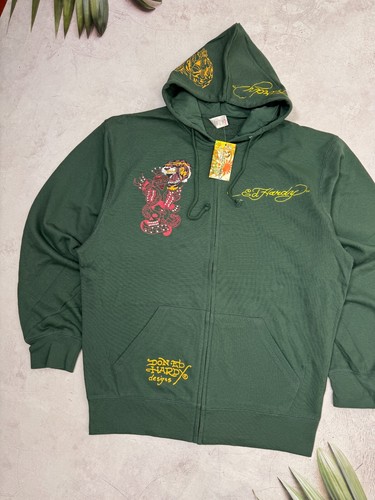 Ed Hardy Zip Up Hoodie Christian Audigier Tiger & Skull Green Y2K size 2XL - 3XL - Picture 2 of 24