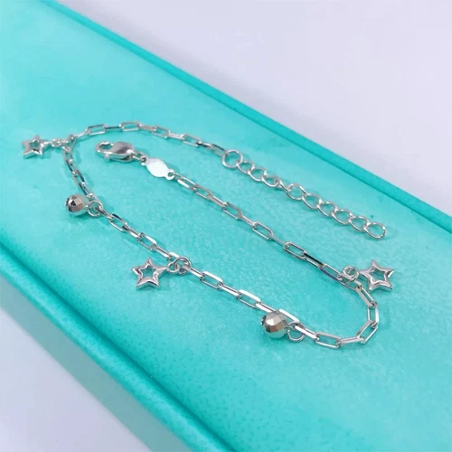 Pure Platinum 950 Chain Women Star Bead Square Cable Link Bracelet 5.05g/6.7inch - Picture 3 of 7