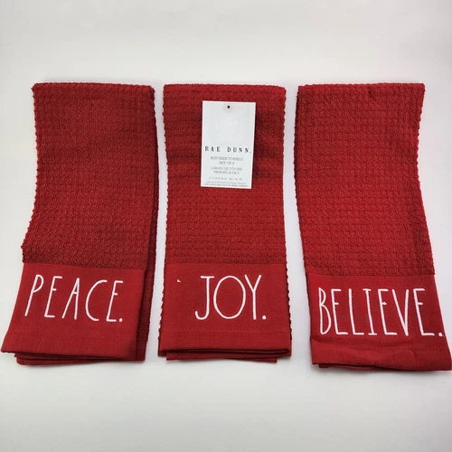 3 Rae Dunn Weihnachten rot Küchentuch bestickt Peace Joy Believe 100% Baumwolle - Bild 1 von 9