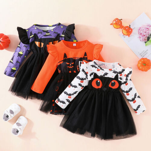 Toddler Children Girls Halloween Long Sleeve Cartoon Prints Dresses Tulle Dress - Picture 1 of 29