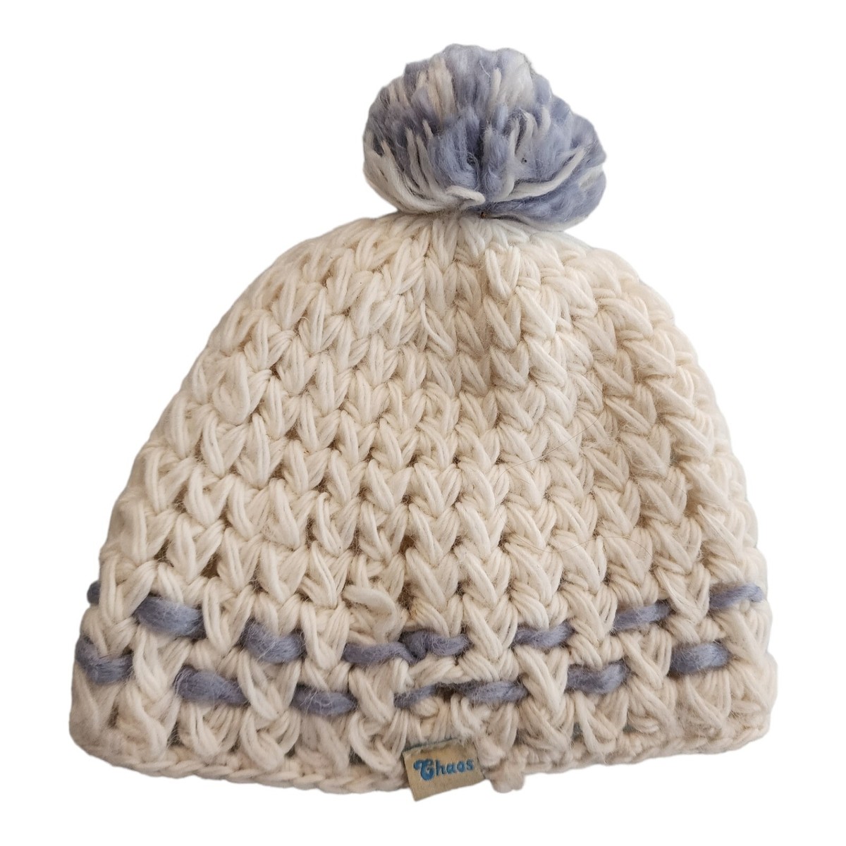 Chaos Beanie Hat Women One Size Knit Pom Pom Cream Blue
