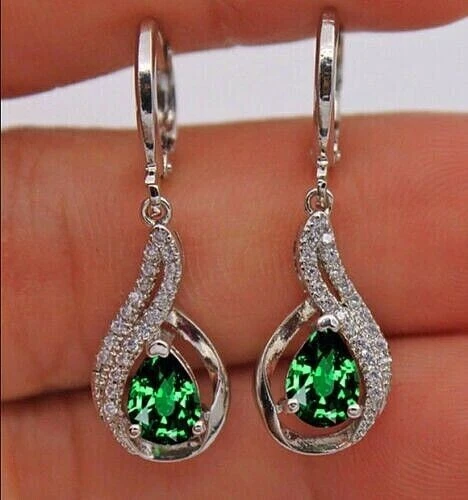 Pear Green Simulated Emerald Diamond Drop & Dangle Earrings14K White Gold Over - Image 2 of 4