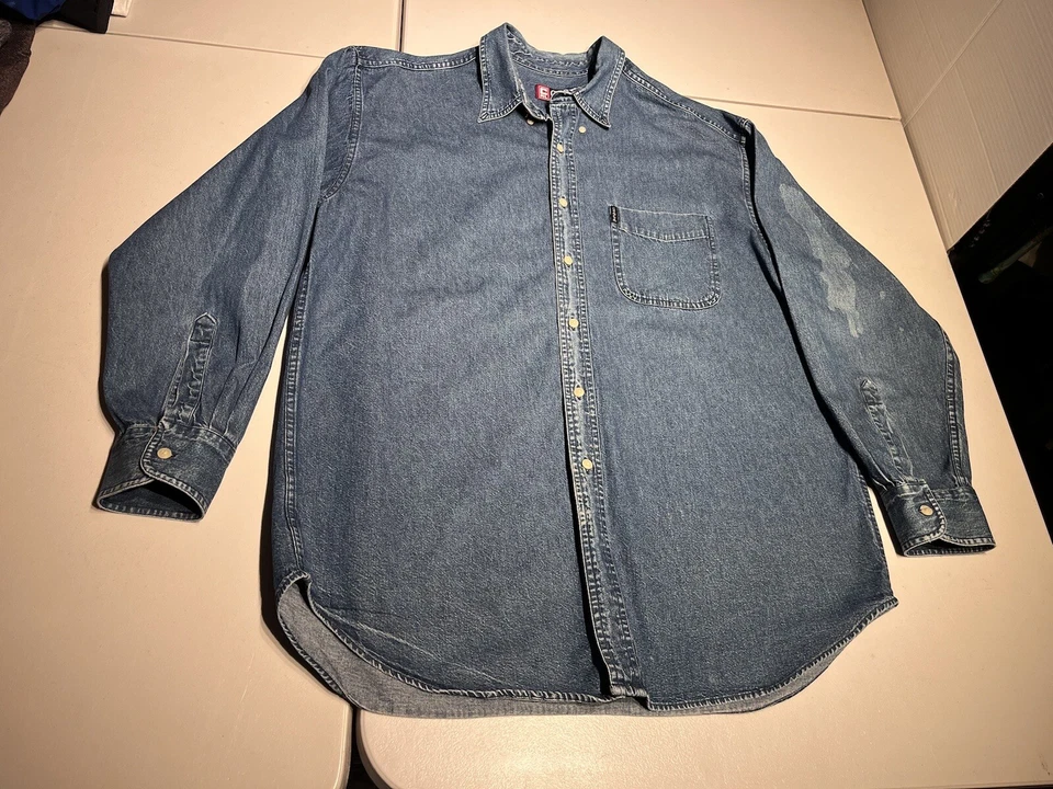 Chaps Ralph Lauren Shirt Men's XL Blue Artsy Work Button Denim Cotton VTG 90's - Image 2 of 4