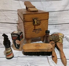 Vintage Esquire Shoe Valet DeLuxe Wooden Box Shoe Kit Shine Brushes Orig. Polish
