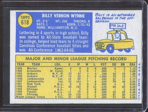 1970 Topps Baseball # 618 Billy Wynne (EX-MT) Excellent to Mint - Picture 2 of 2