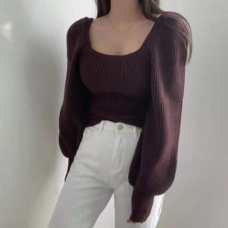 Womens Square Neck Knitted Sweater Jumper Pullover Puff Sleeve