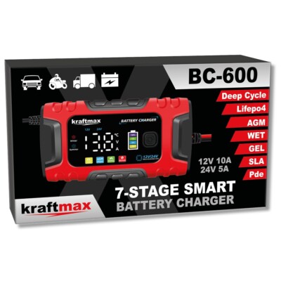 Kraftmax BC-600 KFZ Ladegerät 12V/24V 10A für AGM Gel Blei LiFePO4 Akku LCD