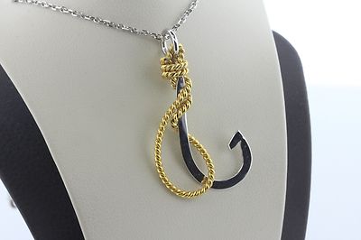Sterling Silber Angelhaken & Gold Vermeil Fischerseil Anhänger