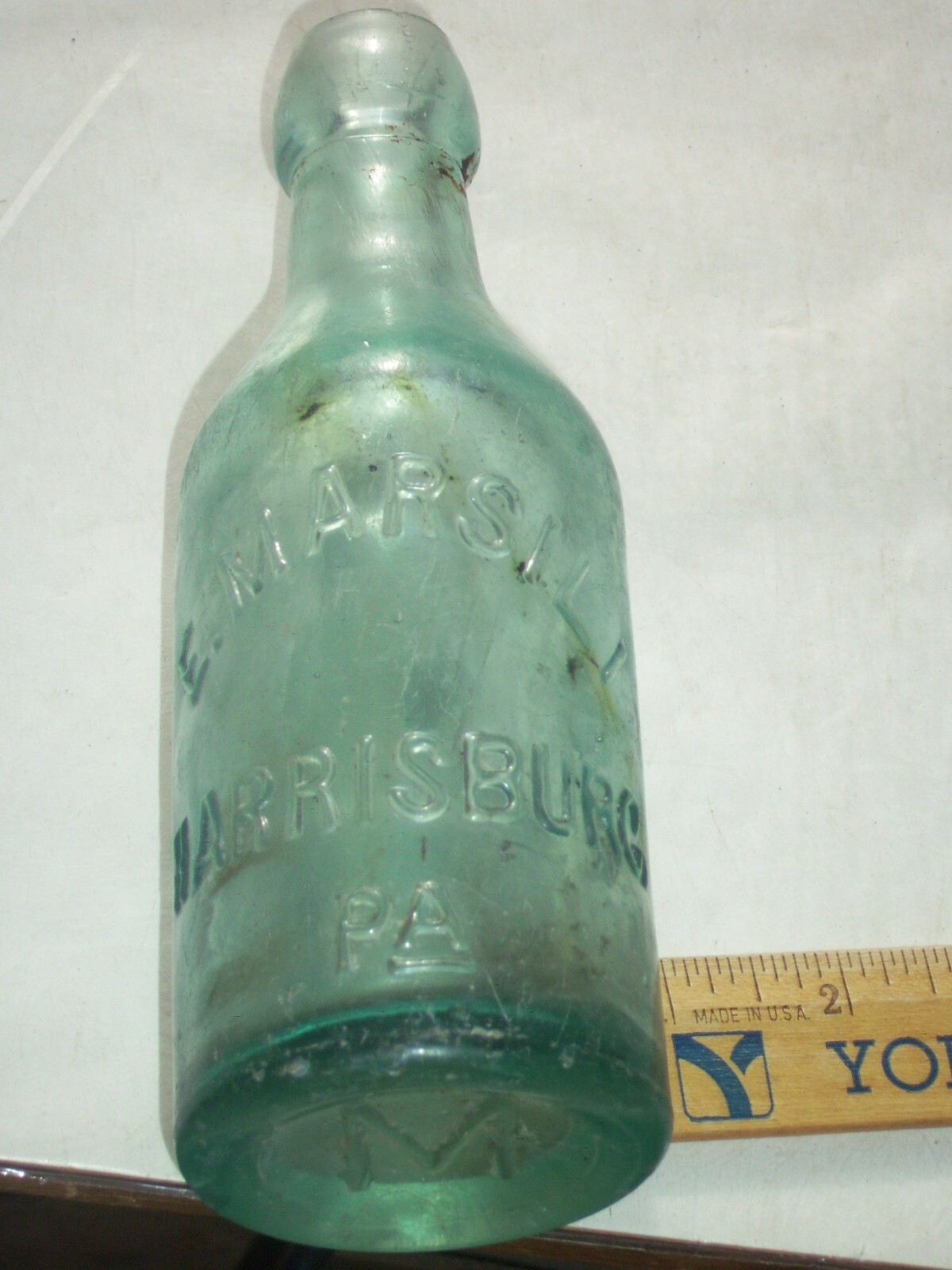 Vintage blue embossed  E. Marsili Harrisburg, Pa. affixed blob top glass bottle