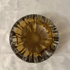 Vintage  6” Round Amber Glass Cigar Cigarette Heavy Ashtray 3 Slots Air Bubbles