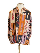 H70 Vintage Silk Scarf Equestrian Belt Print Long Oblong Pink Orange Black Shawl