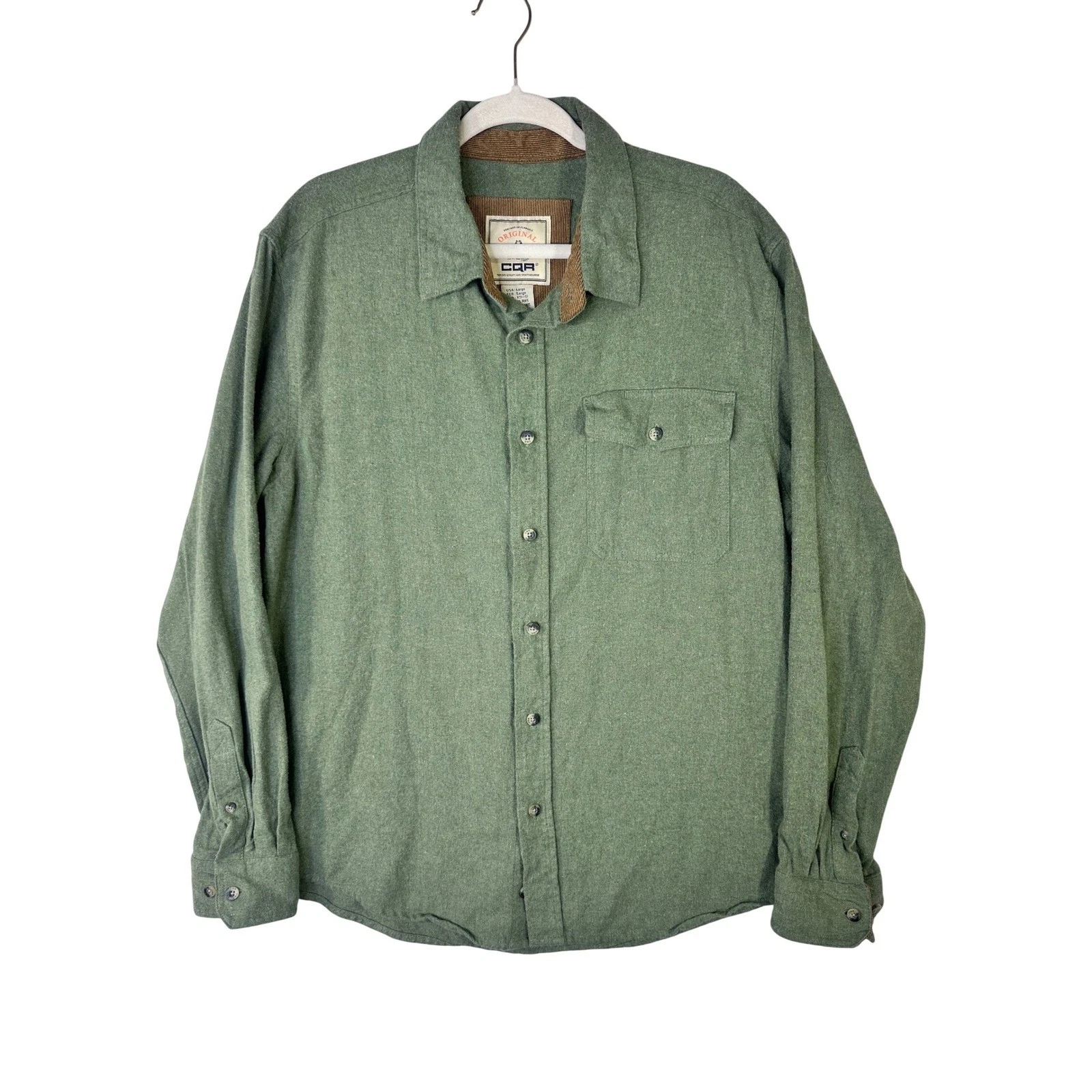 CQR Mens Flannel Shirt Large Green Cotton Corduroy Trim Long Sleeve Button Down
