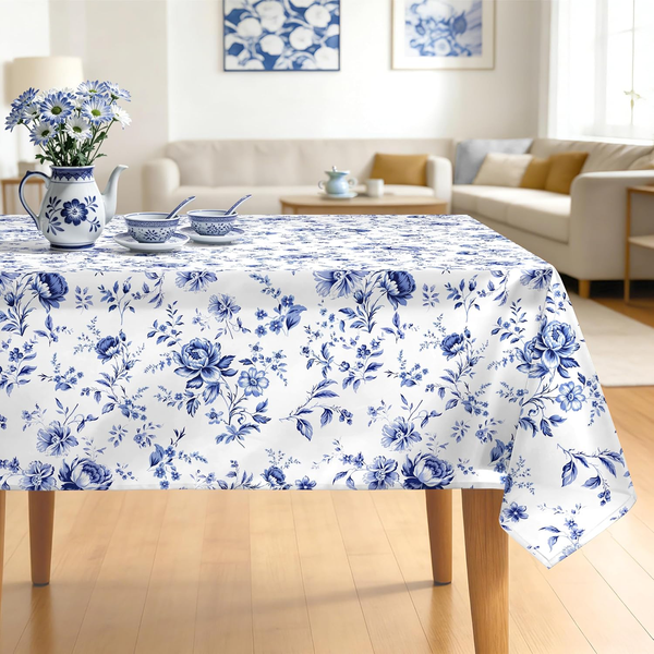 Polyester Tischdecke Mit Blau Blumenmotiv, Waschbar, 140 X 180 Cm-image