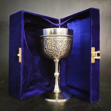 Calice in ottone argentato calice vintage inciso a mano per vino, rituali e d...