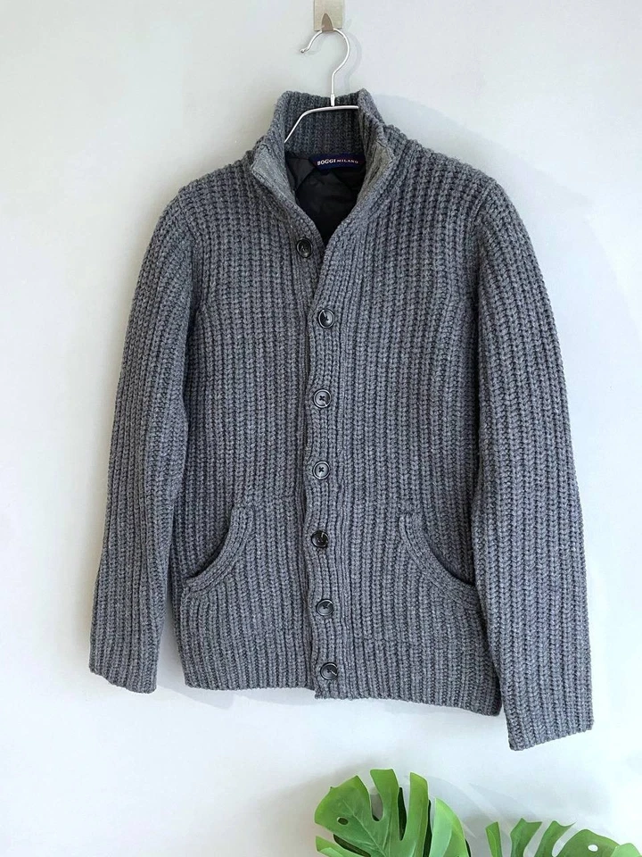 Cárdigan Boggi Milano Para Hombre Tejido Lana Merino Gris Botón Forro Chaleco, Talla S Foto 2 de 4