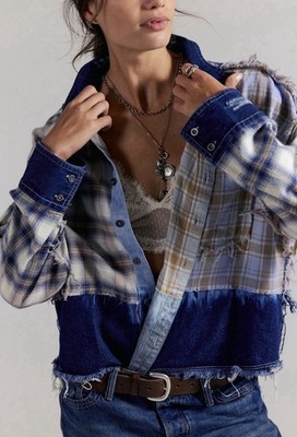 Free People The Tales Mixed Denim Flannel Button Down Plaid Fray Blue XL NWT
