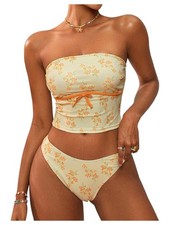 Women's 2 Piece Bandeau Bikini Set Summer Floral Strapless Tankini Swimsuits ...