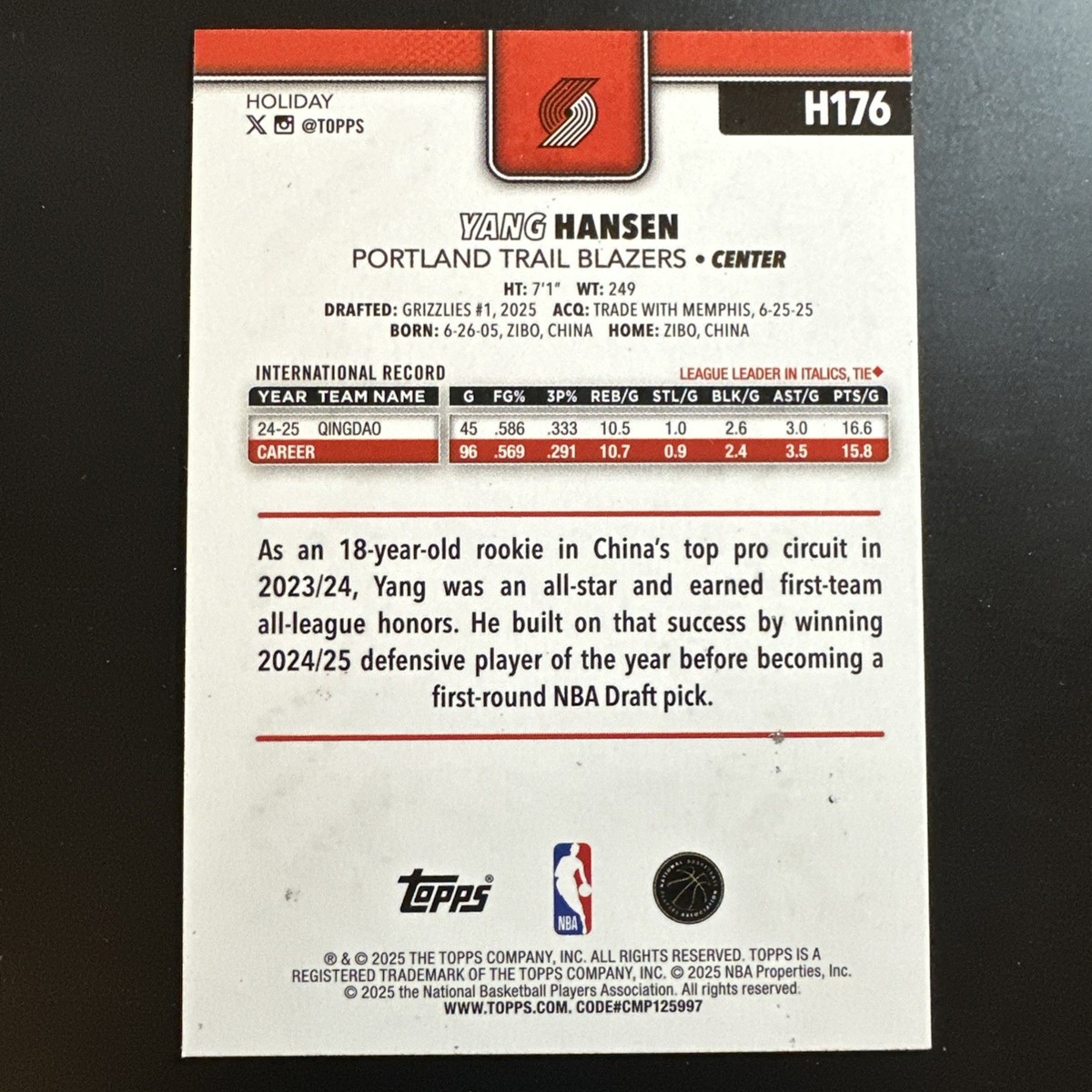 2025-26 Topps Holiday #H176 Yang Hansen Glitter RC Portland Trail
