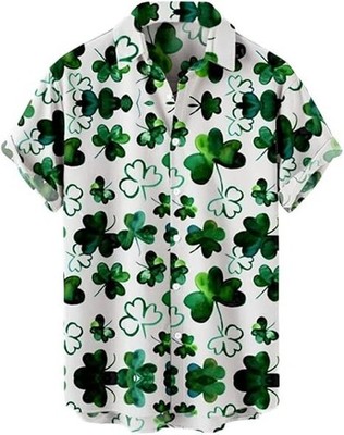 St Patrick s Day Green Hawaiian Shirt with Clover Print Casual Outfit