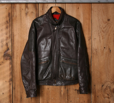 Vintage BERMAN'S Brown Leather Red Plaid Lined Cafe Racer Bomber Jacket Sz. 40