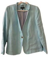 Talbots Aberdeen Linen Blazer Turquoise White Piping Lined 1 Button Womens Sz 14