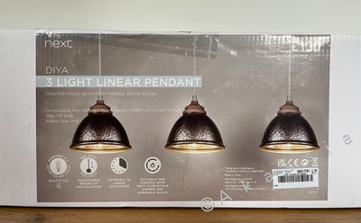 Next Diya lineare Pendelleuchte aus Mangoholz mit 3 Lichtern UVP 130 £