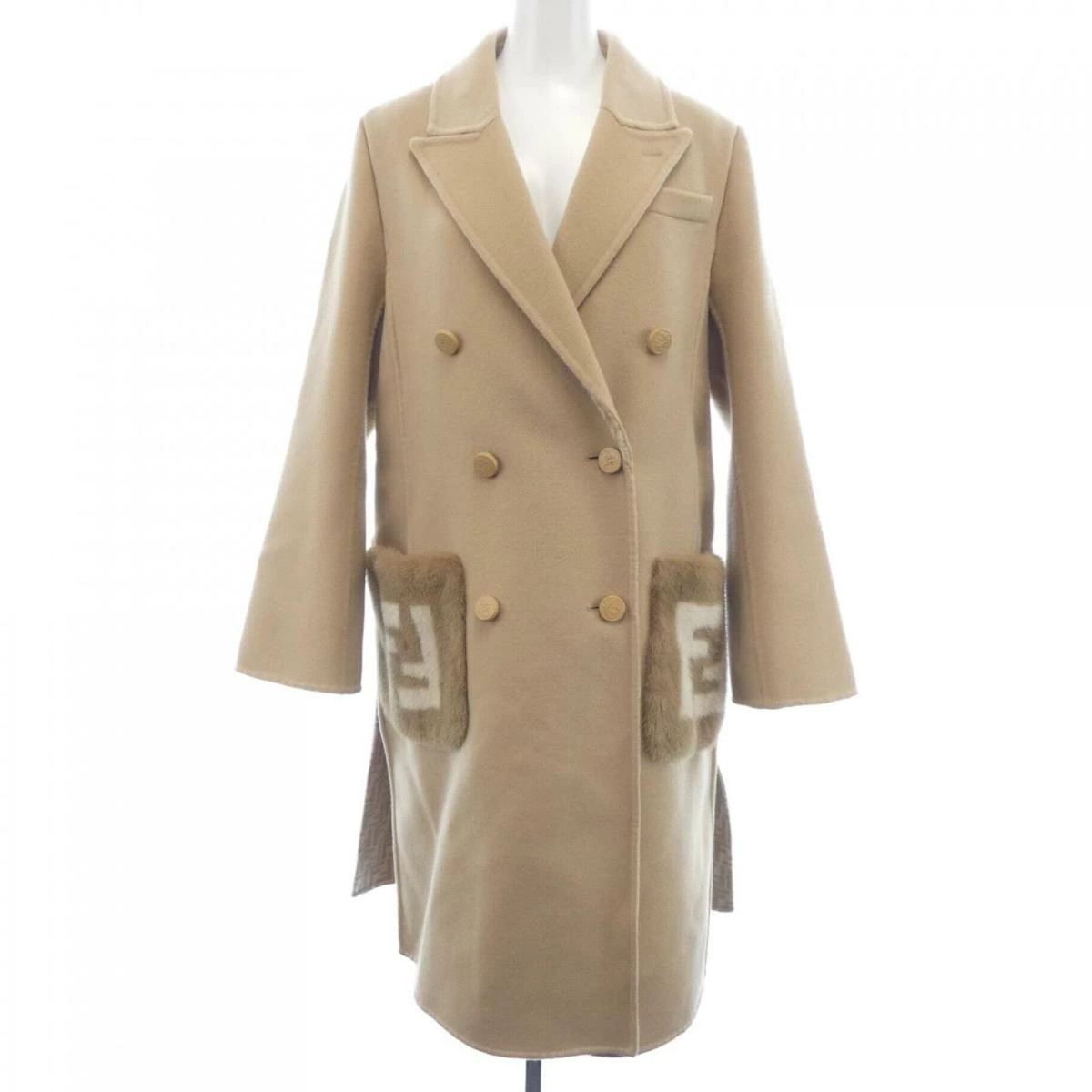 FENDI FF Motif Coat Beige Size 38 Mink Pocket Used