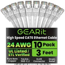 10 Pack 3ft Cat 6 Ethernet Cable, White, 10Gbps, Snagless RJ45, LAN, Network