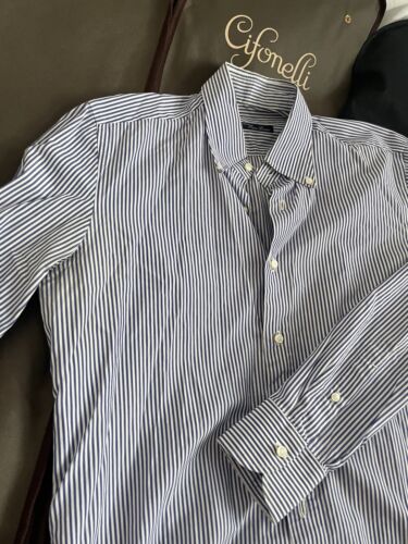 Orazio Luciano Cotton Poplin Shirt Stripes 15 3/4” Neapolitan Blue Striped - Picture 2 of 10
