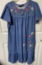 Naqui Sz PM House Dress Denim Jean Embroidered Floral Pockets Vintage
