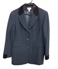 Talbots Womens Navy Blazer With Brown Velvet Collar Cuffs Worsted Wool Size 12