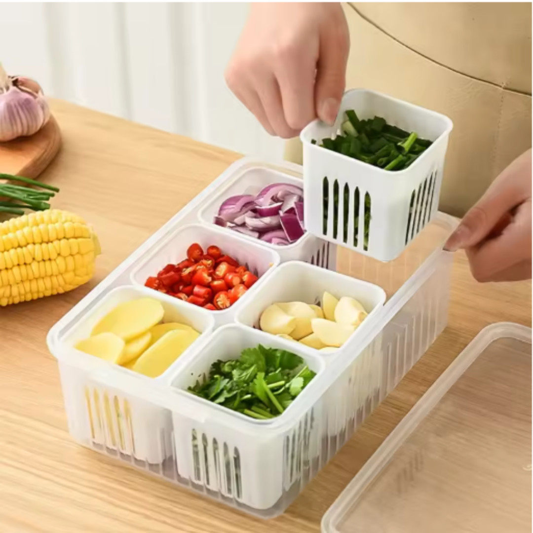 Refrigerator Storage Box, 4/6 Grid Organizer Food, Vegetable, Fruit Drain Basket