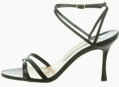 Sandales à Lanières Manolo Blahnik – Cuir Verni Noir, Talons Hauts, Taille 40.5 – Neuves