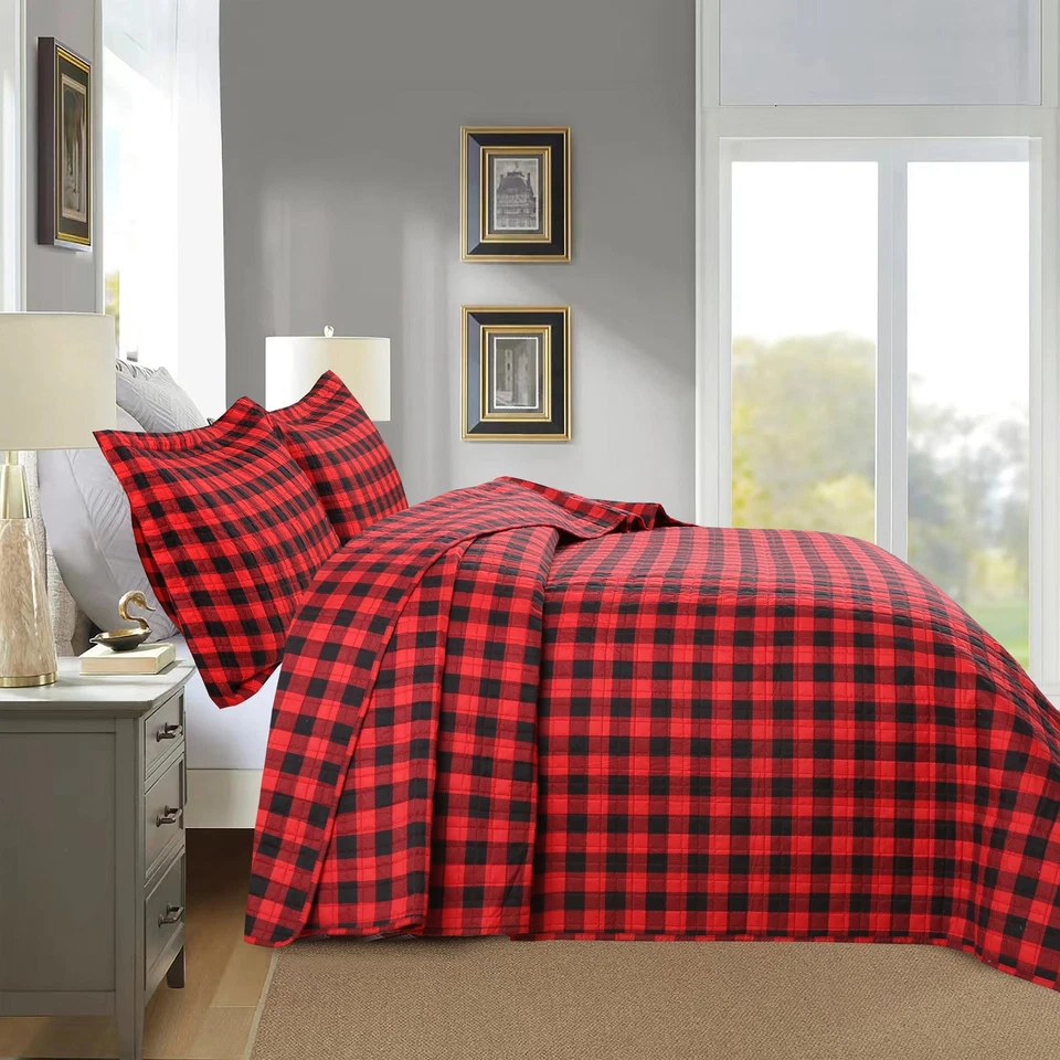 Conjunto de colcha xadrez festivo Buffalo – 3 peças roupa de cama de Natal Gingham - Imagem 3 de 4