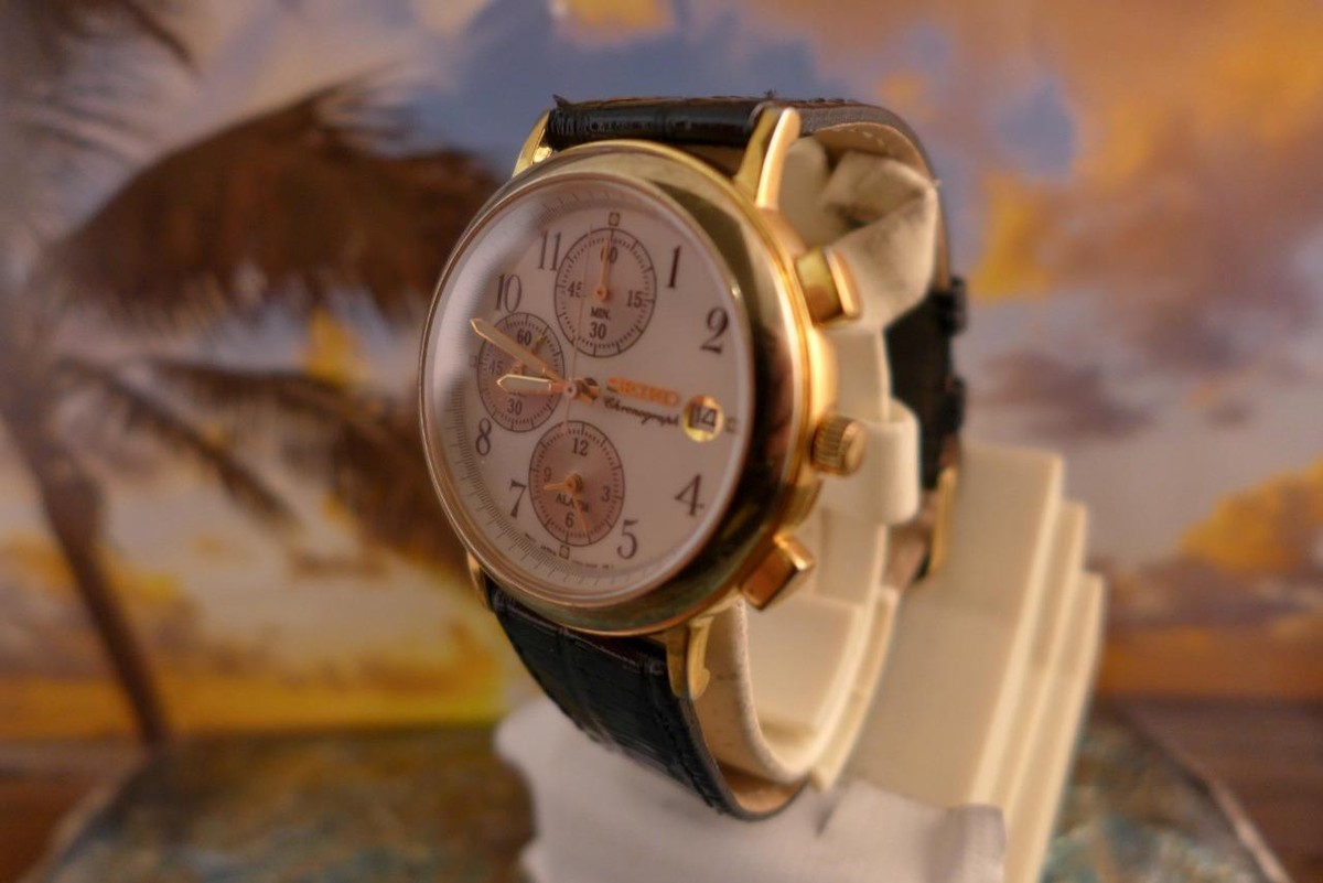 Classic 38mm Gold Plate Seiko Chronograph 7T62 0AY0 Quartz Mens 