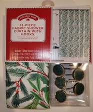 Christmas Shower Curtain Set 13 Piece Hooks And Curtain Holly NEW