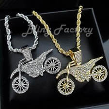 Hip Hop Iced Motorcycle Pendant & 4mm 24" Rope Chain Fashion Bling Necklace